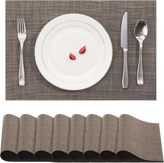 BACKTOEDEN Placemats Set of 8 Heat Resistant Washable Wipeable Placemat Woven Non-Slip Foldable Vinyl/Plastic Place Mats Indoor/Outdoor Mat Kitchen Dining Table Pad, Dark Brown