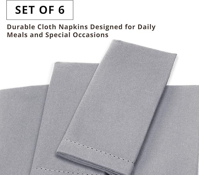 PurpleEssences Set of 6 Hemstitch Cloth Dinner Napkins 100% Cotton - Soft Durable Washable - Ideal for Wedding Christmas Holiday Winter - Perfect Everyday Use Table Linen 18x18 - Ash Grey