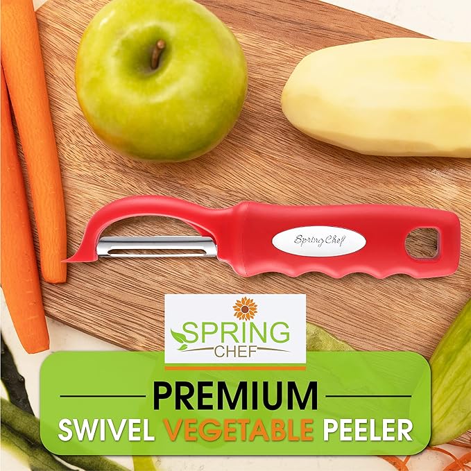 Spring Chef Professional Red Swivel Vegetable Peeler for Kitchen, Stainless Steel Potato Peelers with Soft Grip Handle, Perfect for Peeling Apple, Veggie, Fruit, Carrot, Dishwasher Safe - Set of 2