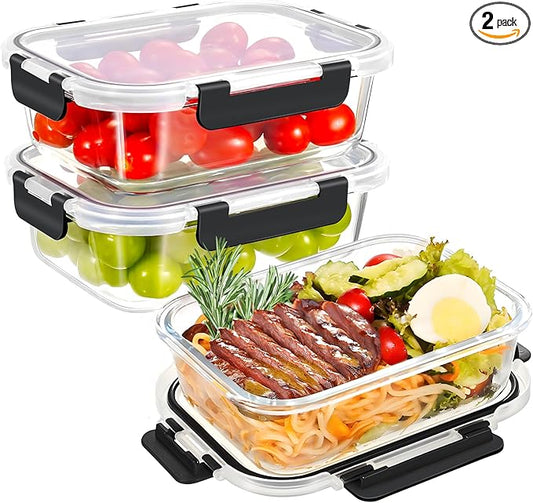 HOTEC 35OZ Glass Food Storage Container, Airtight Glass Lunch Fruit Containers with Lids - Microwave, Oven, Freezer and Dishwasher Safe, 2-PACK