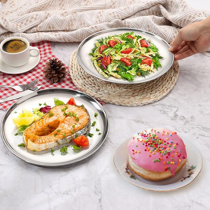 P&P CHEF 10 Inch Pizza Pan, Stainless Steel Round Pizza Tray Baking Pans, Pizzas Plate Serving Tray for Cookie Meat, Oven & Dishwasher Safe & Easy Cleaning, (Mirror Finish) - 2 Pieces