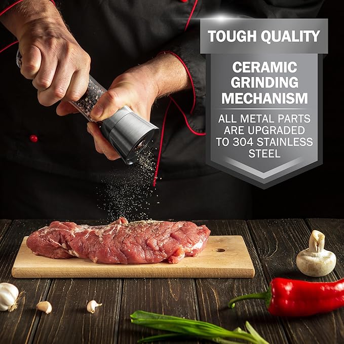 Home EC Premium Stainless Steel Sea Salt and Pepper Grinder Set of 2 - Adjustable Ceramic - Tall Glass Salt and Pepper Shakers - Kitchen Spice Mill W/Funnel & EBook