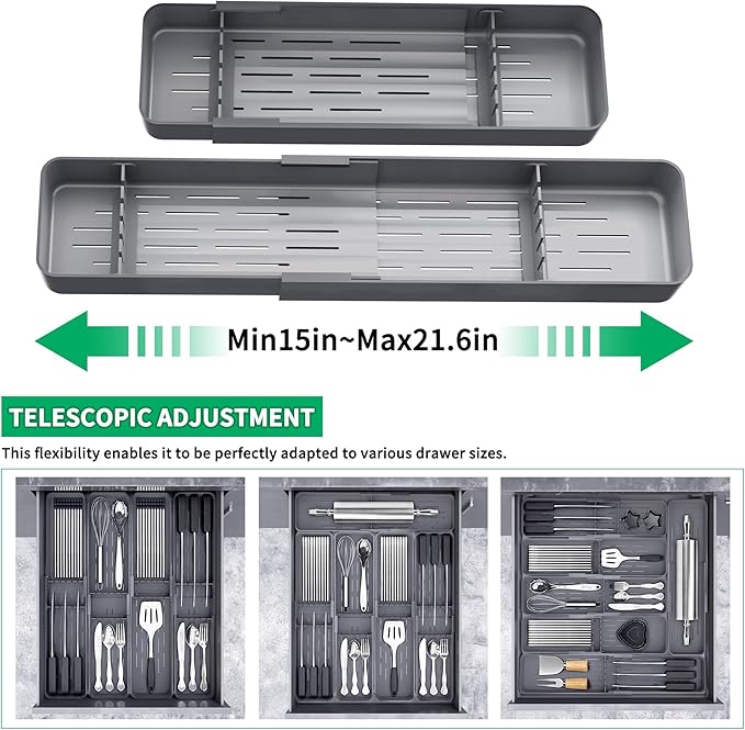 Kitchen Drawer Silverware Organizer, Adjustable Cutlery Organizer, Expandable Utensils Holder, Silverware Dividers Tray, Storage for Flatware, Large Drain Board (Gray,2 Sets)