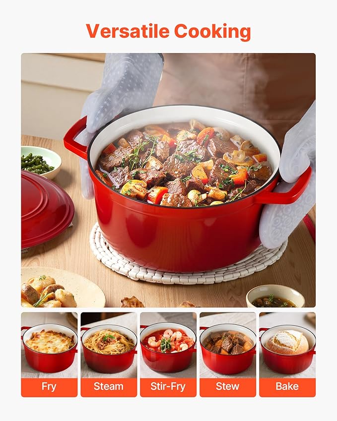 VEVOR Enameled Cast Iron Dutch Oven, 6 Quart Pot with Lid and Dual Handles, Heavy-Duty Durable Cookware Pan, Oven Induction Compatible up to 500℉, for Braising, Stews, Roasting, Bread Baking, Red