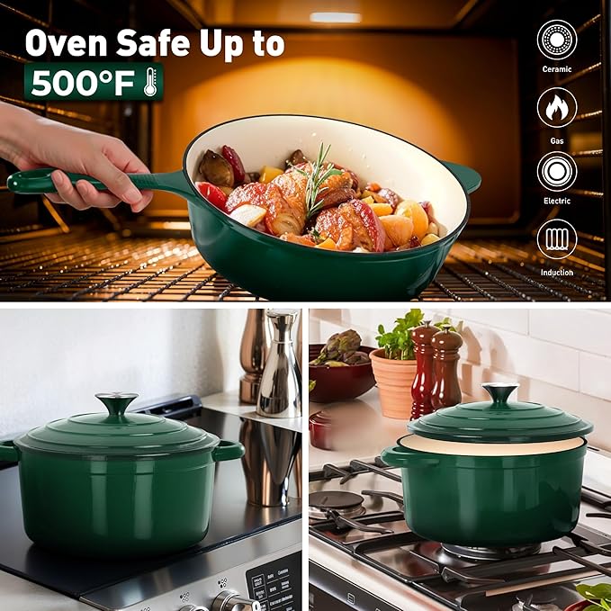 DishDelight Enameled Cast Iron Cookware Set, 7 Piece Set of Dutch Ovens, Sauce Pan, Skillet, 3 Lids, Ceramic Coated Cast Iron Dutch Oven Set, Round Dutch Oven Pot for Sourdough Bread Baking, Green