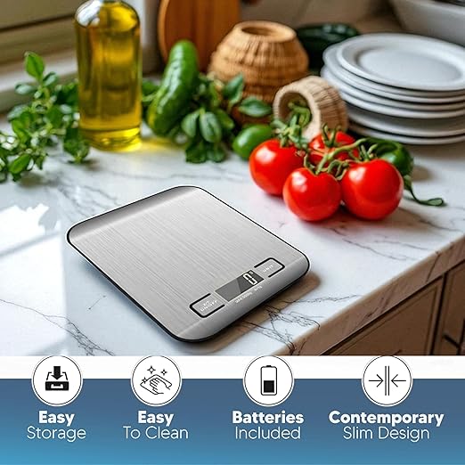 Food Scale For Kitchen - Stainless Steel Kitchen Scale, 100% waterproof, Batteries Included, Weighs Up to 22 lb/10kg, Digital Scale, Food Scale With Nutritional Calculator, Baking Scale, Cooking Scale