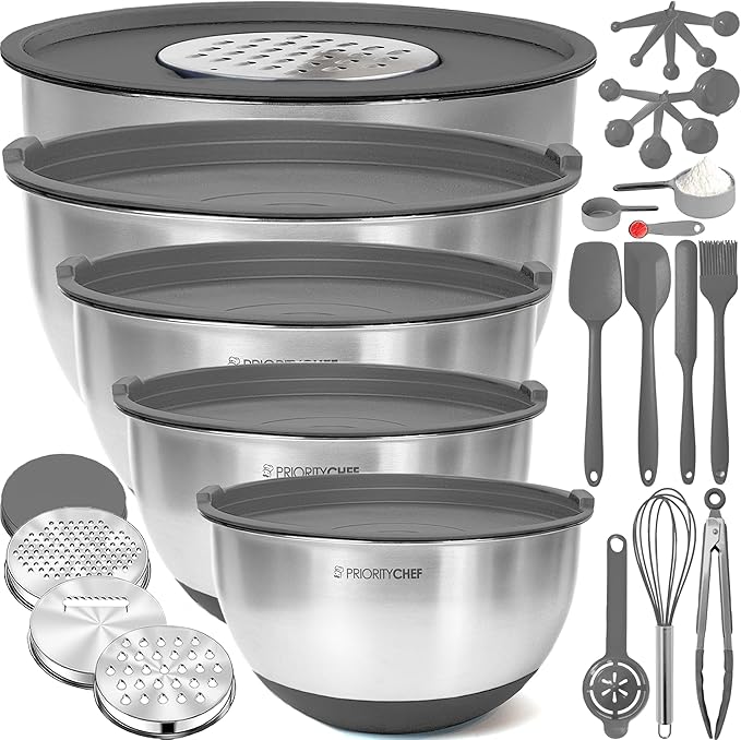 Priority Chef Stainless Steel Mixing Bowls with Lids Set, Metal Nesting Bowls with Airtight Lids, Graters, Non-Slip Base & Measurement Marks, Includes Utensil Set for Prep, Baking & Storage, Grey