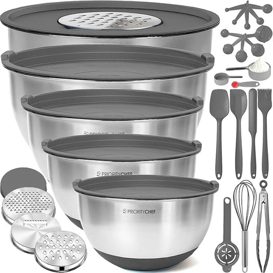 Priority Chef Stainless Steel Mixing Bowls with Lids Set, Metal Nesting Bowls with Airtight Lids, Graters, Non-Slip Base & Measurement Marks, Includes Utensil Set for Prep, Baking & Storage, Grey