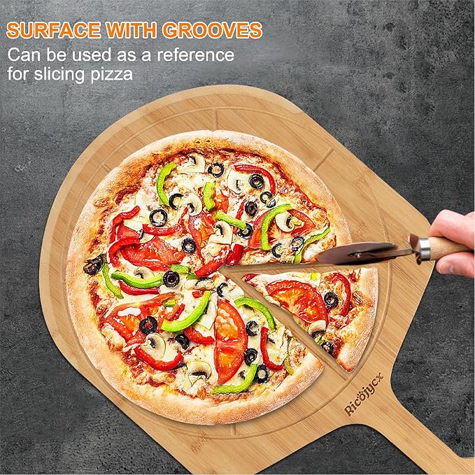 14 inch Natural Bamboo Pizza Peel Set of 2, Double-Sided Use Pizza Cutting Board with 8 Slice Grooves for Pizza, Bread, Cheese, Vegetable, Fruits