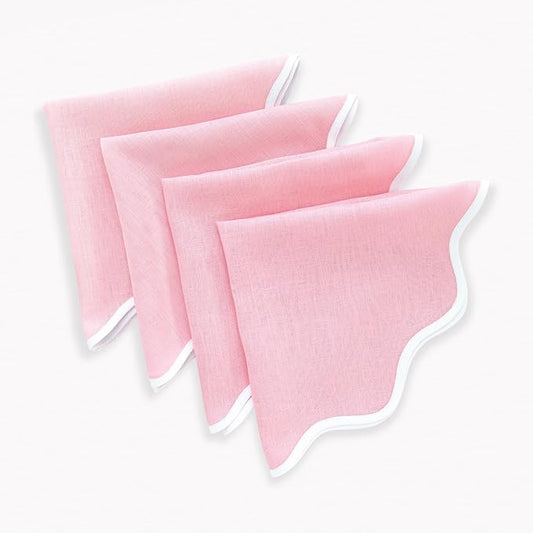 Solino Home Linen Scallop Cloth Napkins Set of 4-100% Pure Linen White and Pink Lemonade Dinner Napkins 20 Inch - Giselle Scallop Edge, Handcrafted and Machine Washable