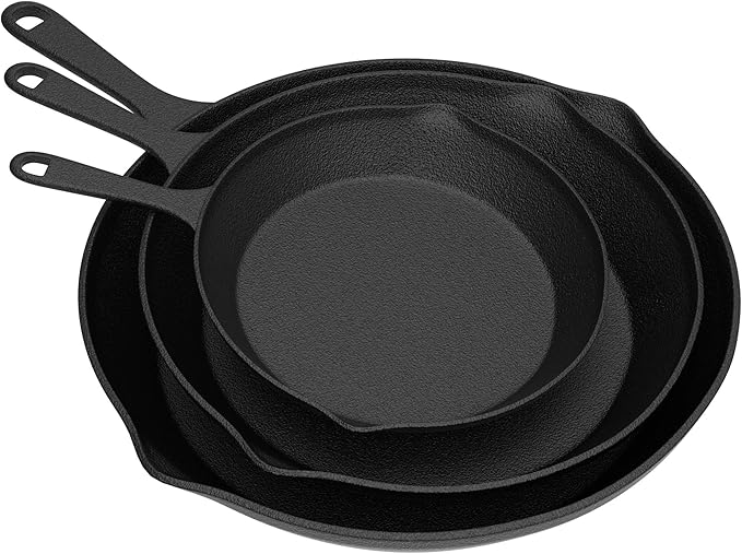 Frying Pans - Set of 3 Pre-Seasoned Cast Iron Skillets with 10-Inch, 8-Inch, and 6-Inch Sizes - Nonstick Camping Cookware by Home-Complete (Black)