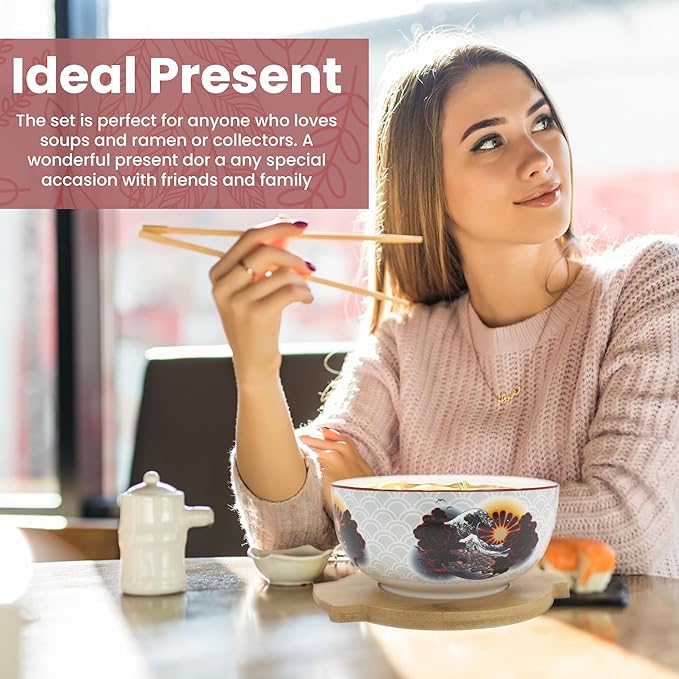 XWORLD Japanese Ceramic Ramen Noodle Bowls Set with Ceramic Spoon, Bamboo Chopsticks, Lid & Trivet, Serving Capacity of 33.8 OZ, Microwavable Oven Safety (3.3” x 6.6” D) (Landscape)