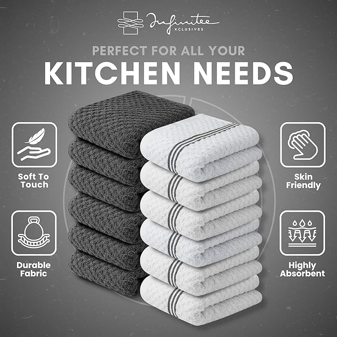 Infinitee Xclusives Premium Kitchen Towels - [Pack of 12] 100% Cotton Kitchen Hand Towels (15 x 25 Inches) - Dish Towels for Kitchen |Grey|