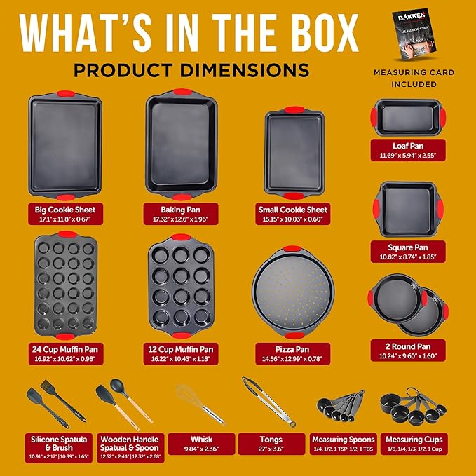 BAKKEN Kitchen Baking Pan Set - Nonstick Coating, Carbon Steel Bakeware Sets with Red Silicone Handles, Baking Kitchen Essentials, PFOA, PFOS, PTFE Free, Oven Safe Tray (Up To 450° F), Set of 18