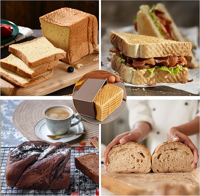 Bread Pan, 13 * 5inch Aluminized Steel Non-Stick Rectangle Pullman Loaf Pan with Lid, Long Sourdough Bread Loaf Pan for Homemade, Deep Bread Tin with Dough Scraper Cutter