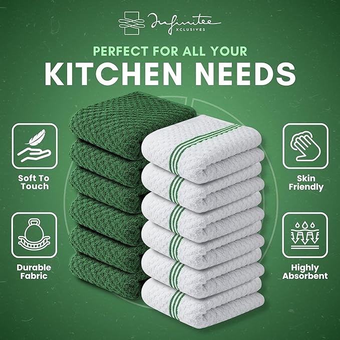 Infinitee Xclusives Premium Kitchen Towels - [Pack of 12] 100% Cotton Kitchen Hand Towels (15 x 25 Inches) - Dish Towels for Kitchen |Sturdy Green|