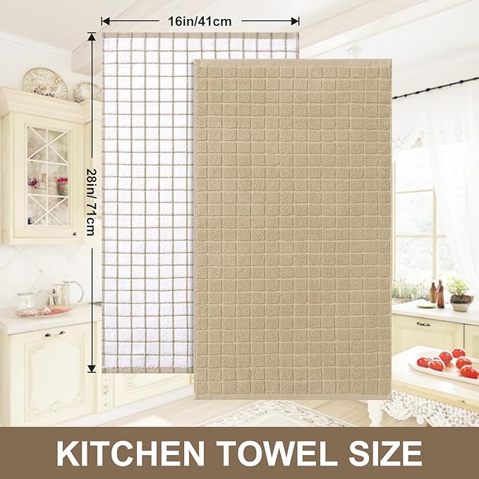 Homaxy Premium Cotton Kitchen Towels 16"x 28", Large Natural Ring Spun 390 GSM Dish Towels, Super Absorbent Terry Kitchen Hand Towels, Soft Tea Towel with Hanging Loop, Tan Check Design, 6 Pack