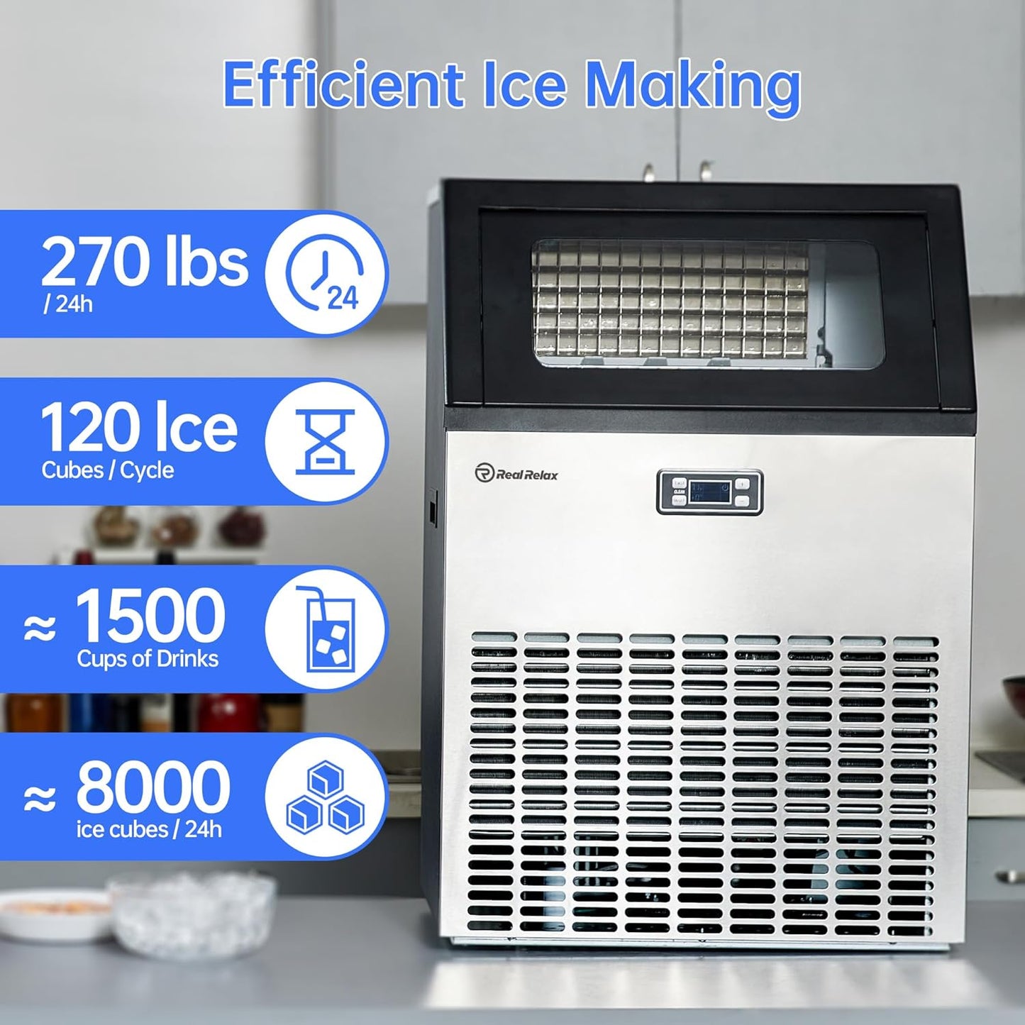 Real Relax Commercial Ice Maker Machine, 270LBS/24H Integrated Ice Machine, 48LBS Ice Storage Capacity, Auto Self-Cleaning, LCD Display, Blue Light, with Ice Scoop for Home Restaurant Bar Office Party