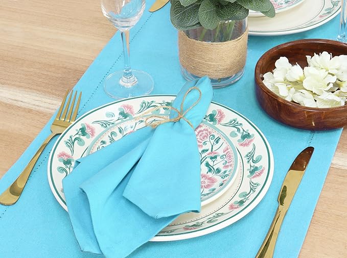 PurpleEssences Set of 12 Cloth Dinner Napkins 100% Cotton 18x18 Inch - Soft Durable Washable - Ideal for Farmhouse Party Fall Thanksgiving - Perfect Everyday Use Table Linen - Aqua Blue