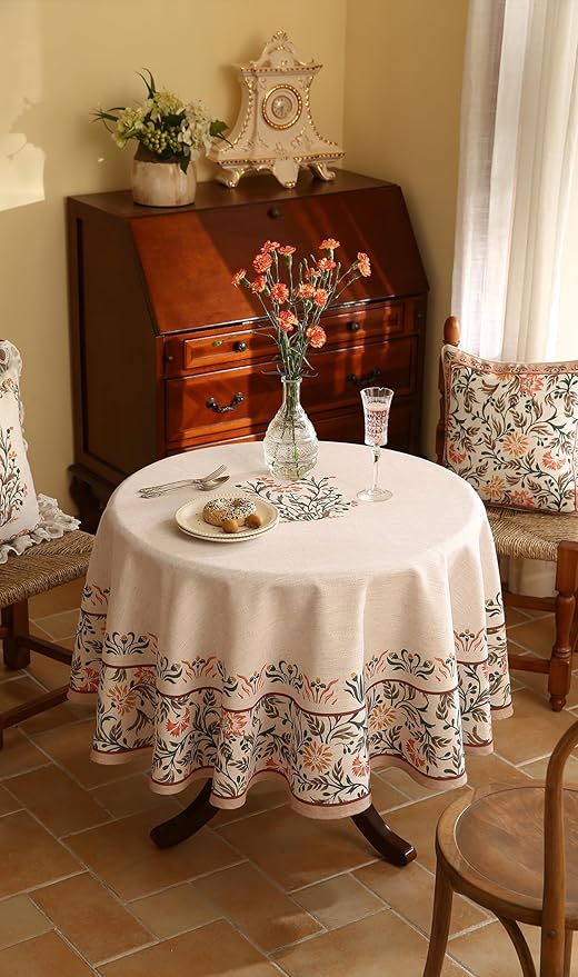 Floral Tablecloth for Round Tables,Linen Table Cloth with Double-Edged Lily Pattern,Heavy Durable Table Cover for Dining Thanksgiving Kitchen Decor Party Christmas,Diameter 67"