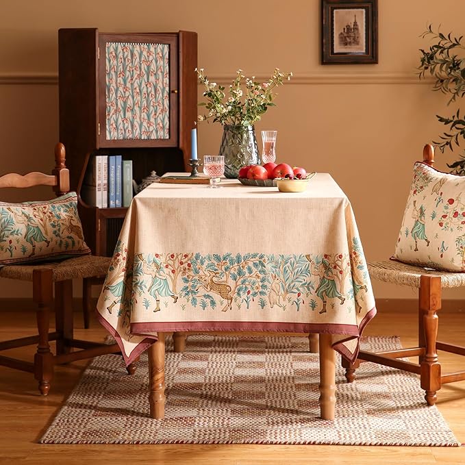 patdrea Designer Beige Tablecloth for Rectangle Tables,Vintage Elegant French Linen with Trees and Kids Pattern Table Cloth,Farmhouse Table Cover Cloth Decor for Kitchen Dining Christmas,63"*94"