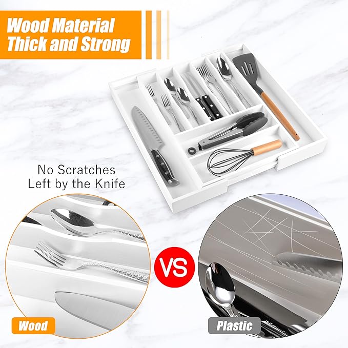 Bellsal Large Premium Bamboo Silverware Organizer - Expandable Utensil Drawer Organizer - 17"x19.6" Utensil Holder and Cutlery Tray with Grooved for Kitchen Flatware and Utensils(7-9 Slot, White)