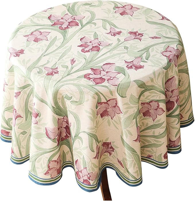 patdrea Designer Purple Tablecloth for Round Tables,Framhouse Linen Violets and Leaves Pattern Linen Tablecloth,Elegant Floral Table Cover Cloth Decor for Kitchen Dining Christmas,Diameter 55"