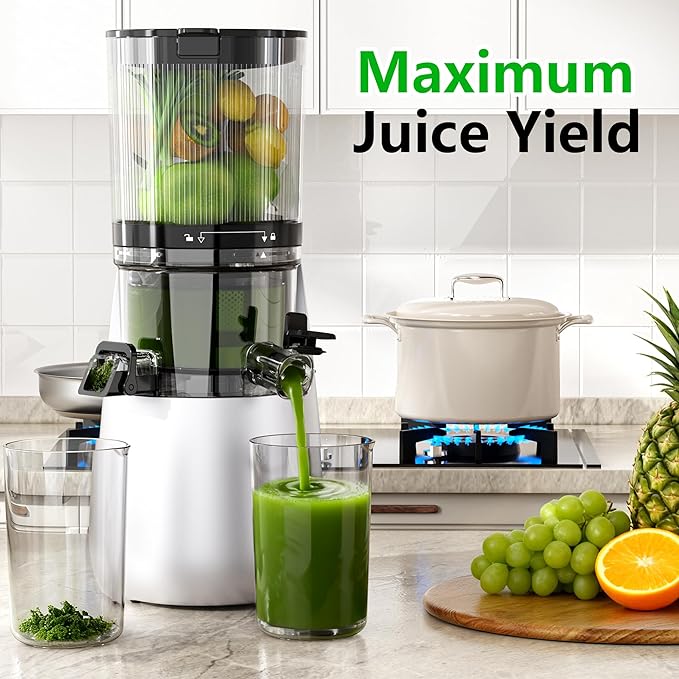 B11 Cold Press Juicer, 6" Extra Wide Feed Chute Slow Masticating Juicer Machine, Powerful AC Brushless Motor, Self Precut System, Easy to Clean, BPA-Free, Extra one Replace juicer strainer