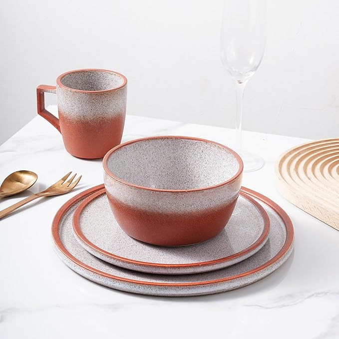 Stone Lain Vince Rustic Stoneware Reactive Glaze Dinnerware Set, 16 Piece Service for 4, Red