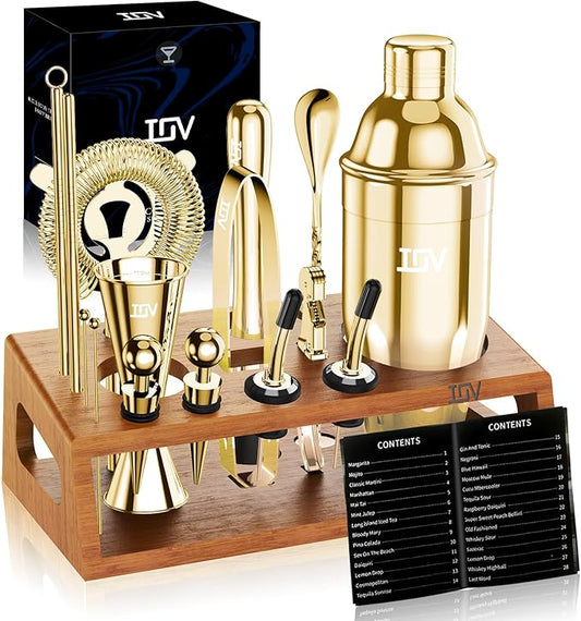 IOV Cocktail Shaker Set Bartender Kit with Stand | Bar Set Drink Mixer Set Includes Martini Shaker, Jigger, Strainer, Mixing Spoon, Muddler, Recipe Book | Home Bar Accessories Gift Set (Gold)