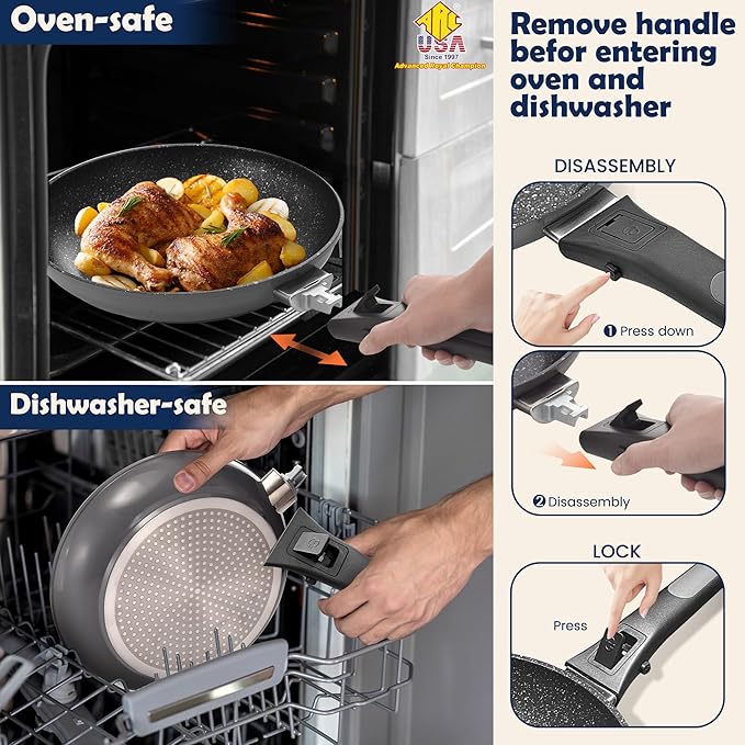 ARC Nonstick Frying Pan Skillet With Removable Handle,10 Inch Skillet with Lid Egg Pan Non Stick Saute Pan, Oven and Dishwasher Safe, PFOA Free Cookware Cooking Pan For Induction Cooktops