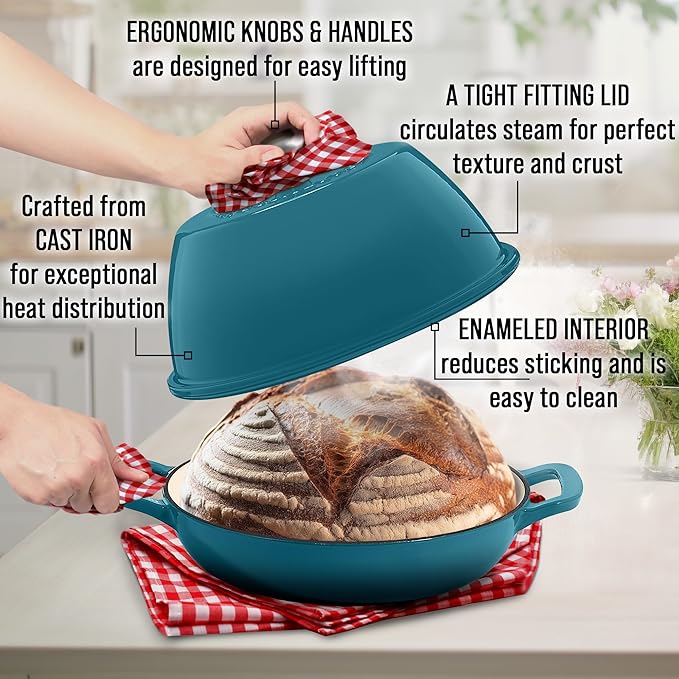 Signature Enameled Cast Iron Sourdough Bread Oven | Non-Stick with Tight Fitting Lid for Perfect Baking and Bread Making | 6QT Round Oven With Lid [Ocean Blue]