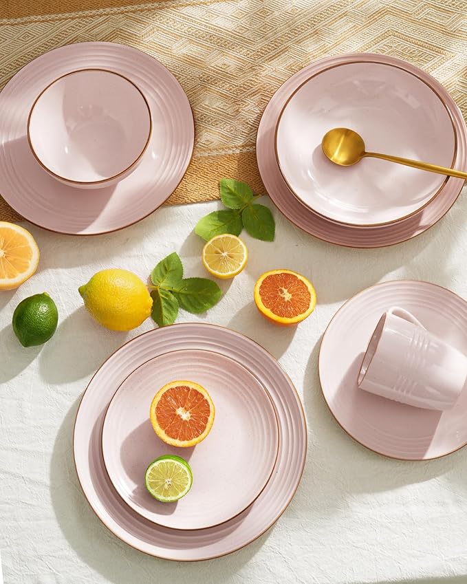 Famiware Jupiter Dinnerware Set, Plates and Bowls Dish Sets for 4 (12 Pieces), Microwave and Dishwasher Safe Stoneware Speckled Tableware, Chip and Scratch Resistant, Light Pink