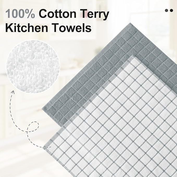 Homaxy Premium Cotton Kitchen Towels 16"x 28", Large Natural Ring Spun 390 GSM Dish Towels, Super Absorbent Terry Kitchen Hand Towels, Soft Tea Towel with Hanging Loop, Grey Check Design, 8 Pack