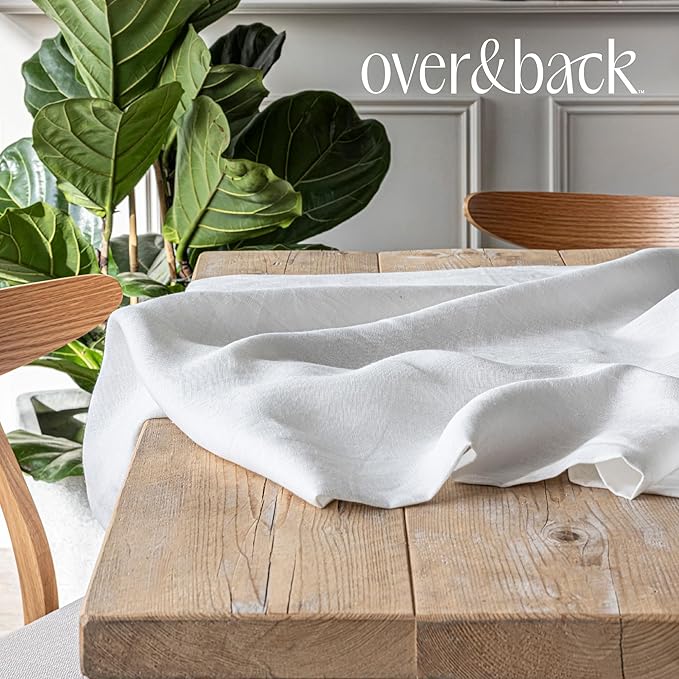 over&back 100%-Linen Woven Tablecloth - Colorful Dining Room Table Cover - Mitered Corner Hems - Machine Washable - Kitchen and Home Decor - Ivory - 70x90