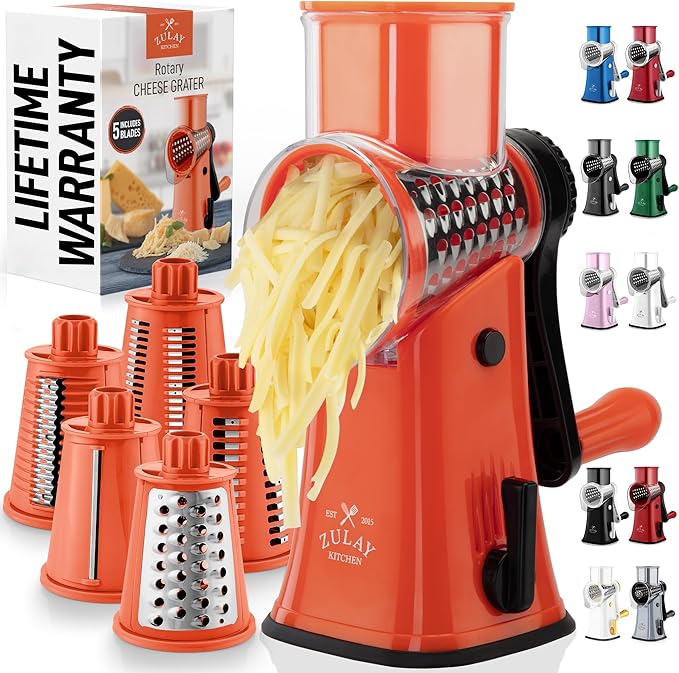 Zulay Kitchen Rotary Cheese Grater 5 Blade Cheese Shredder - Manual Hand Crank Cheese Grater With Reinforced Suction & 5 Interchangeable Drums - Easy to Use, Vegetable Chopper Round Mandoline Slicer