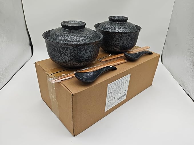 Ceramic Ramen Bowl Set, 800ml, with Lid, Spoon and Chopsticks, Japanese Vintage Large Soup Bowls Instant Noodle Bowl Asian Tableware (Black*2)