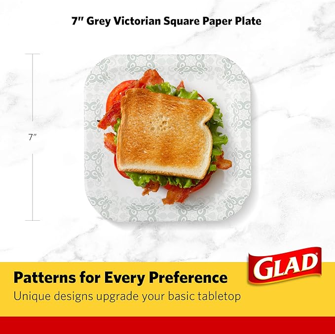 Glad Square Disposable Paper Plates, Grey Victorian Pattern - Strong, Sturdy, Soak Proof, and Microwavable Decorative Plates for Dinner and Everyday Use, 7 Inch, 50 Count - 12 Pack