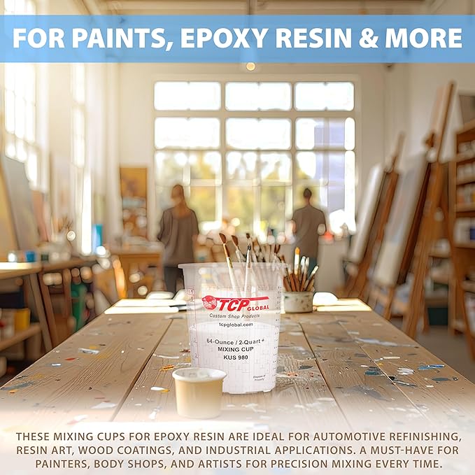 Custom Shop Paint Mixing Cups, 64-Ounce (Box of 100) - Plastic Measuring Cups for Liquids, Automotive Painting, Epoxy Resin, Acrylic Arts, Crafts, Disposable or Reusable, Graduated, Mixing Ratios