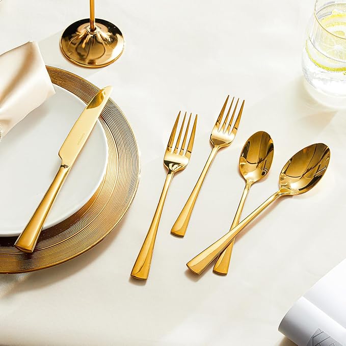 KINGSTONE 18/10 Stainless Steel Flatware, 20-Piece Forged Silverware Set for 4, Mirror Polished Cutlery Set Dishwaher Safe for Home, Restaurant, Wedding, Party, Gold