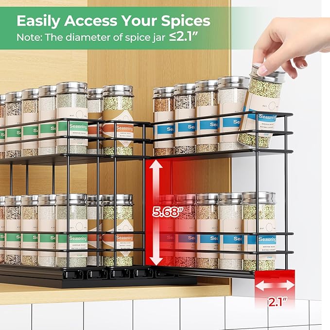 Pull Out Spice Rack Organizer for Cabinet, Slide Out Spice Racks, Easy to Install, 2.1''Wx10.35''Dx8.26''H, 3 Drawers 2 Tiers(Black)
