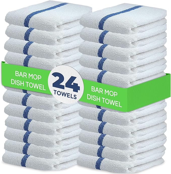 Towels N More 24 Pack 16x19 Bar Mop Towels High Absorbent Cotton Reusable Kitchen Towels - Quick Drying Towels for Chef, Cook, Home, Restaurant, Bar Glass Cleaning Towels (24, Blue Stripe)