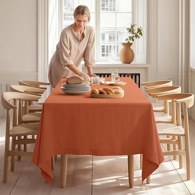 Linen World Fall Linen Tablecloth 108" x 60" Inch,French Linen Washable Rectangular Table Cloth for Dining,Outdoor, Weddings and Restaurants,Decorative Thanksgiving Christmas,Burnt Orange