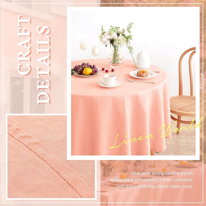 Linen World Linen Tablecloth,100% French Flax Round Tablecloth 60" Inch,Washable Natural Table Cloth for Dining,Outdoor,Weddings and Restaurants,Decorative Christmas,Peach Pink