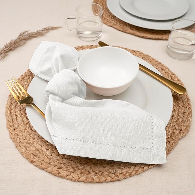 Blue Needles Set of 12 Hemstitch Linen Napkins 100% Cotton White Cloth Dinner Napkins 18x18 inches, Soft, Reusable, Absorbent, Washable, Ideal for Fall Thanksgiving Events, Parties & Everyday Use