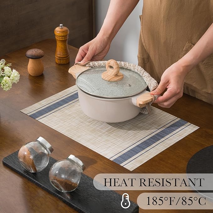 BACKTOEDEN Placemats Set of 8 Heat Resistant Washable Wipeable Placemat Woven Non-Slip Foldable Vinyl/Plastic Place Mats Indoor/Outdoor Mat Kitchen Dining Table Pad, Blue Skyline