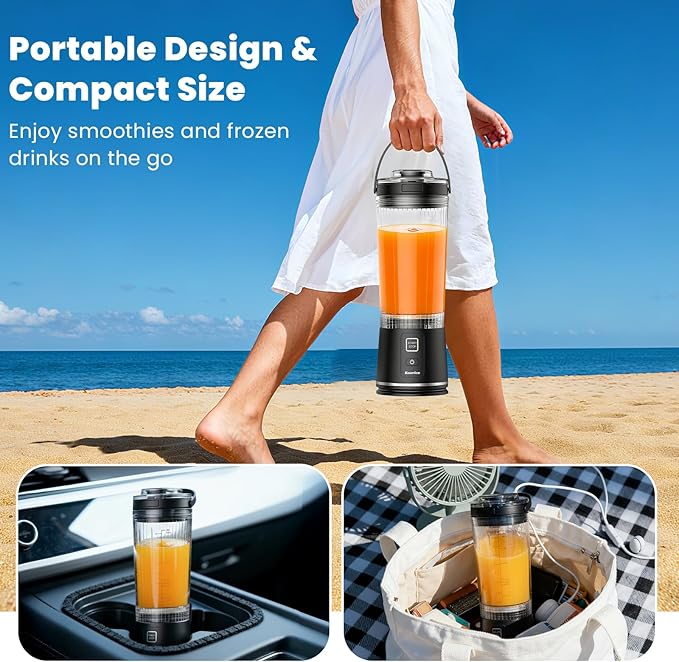 Personal Size Portable Blender for Shakes & Smoothies, 16oz Mini Small Smoothie Blender with On Go Lid & Sip Lid, 26000RPM Rechargeable Cordless Electric Blender for Travel Gym Office