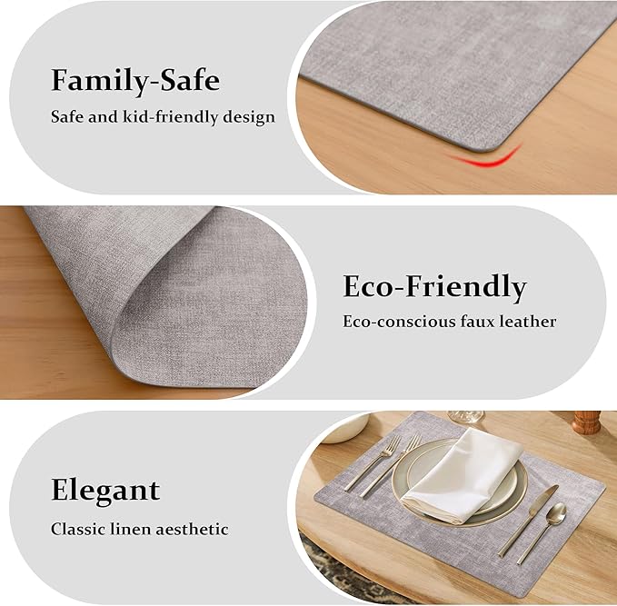 FROMHEART Faux Leather Placemats Set of 4–Waterproof,Heat/Oil Stain-Resistant PU Table Mat–Reversible,Non-Slip,Easy to Clean Place Mats for Kitchen,Dining,Indoor/Outdoor,(Light Grey,11.8" x 17")