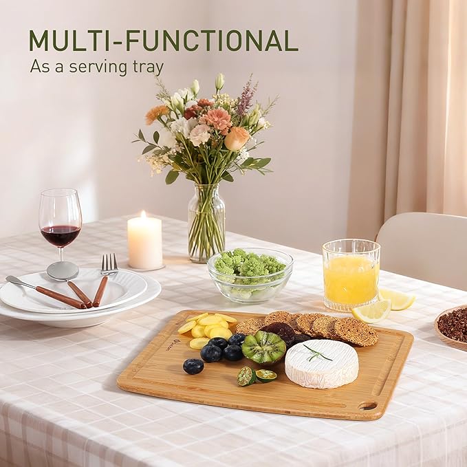 Lightweight Durable Bamboo Cutting Board with Non-Slip Feet, Reversible Wood Cutting Board with Juice Groove Easy to Store & Clean, Water-Resistant Ideal Kitchen Gift for Home Cooks