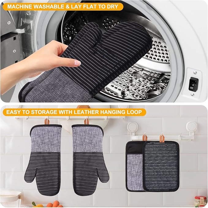 4PCS TIPTAP Oven Mitts, Kitchen Oven Mitts Set, Non Slip Cotton Oven Mitt and Pot Holders,Heat Resistant, Machine Washable,2 Long Mit and 2 Pot Holder(Black)